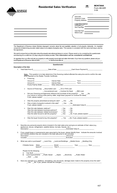 Form AB-60r Residential Sales Verification Form - Montana