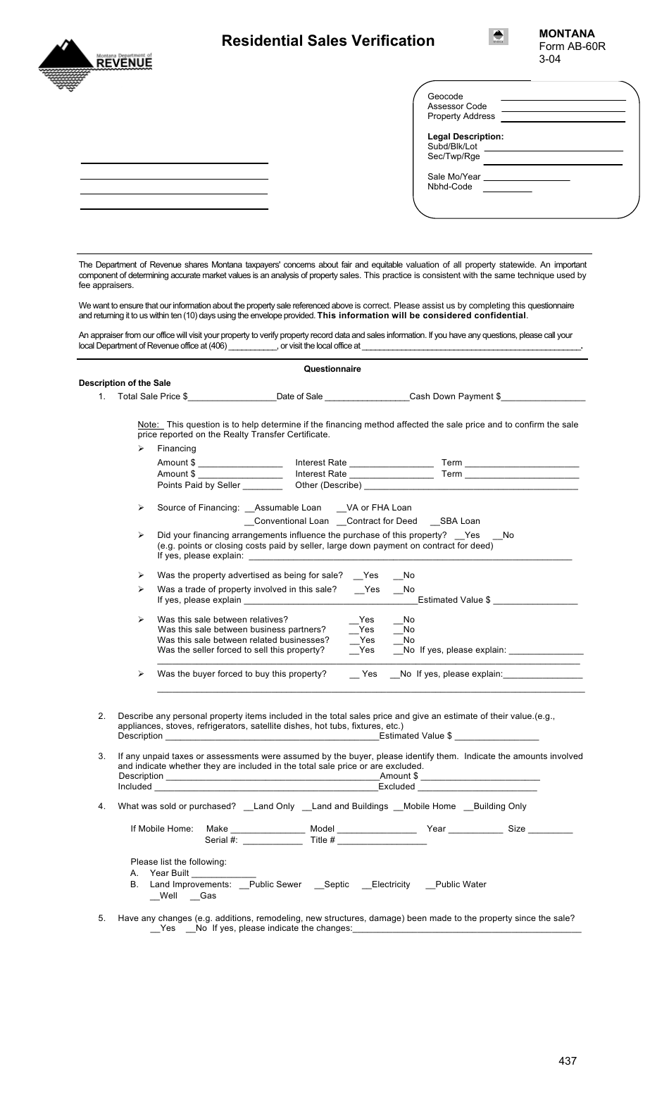 Form AB-60r Residential Sales Verification Form - Montana, Page 1