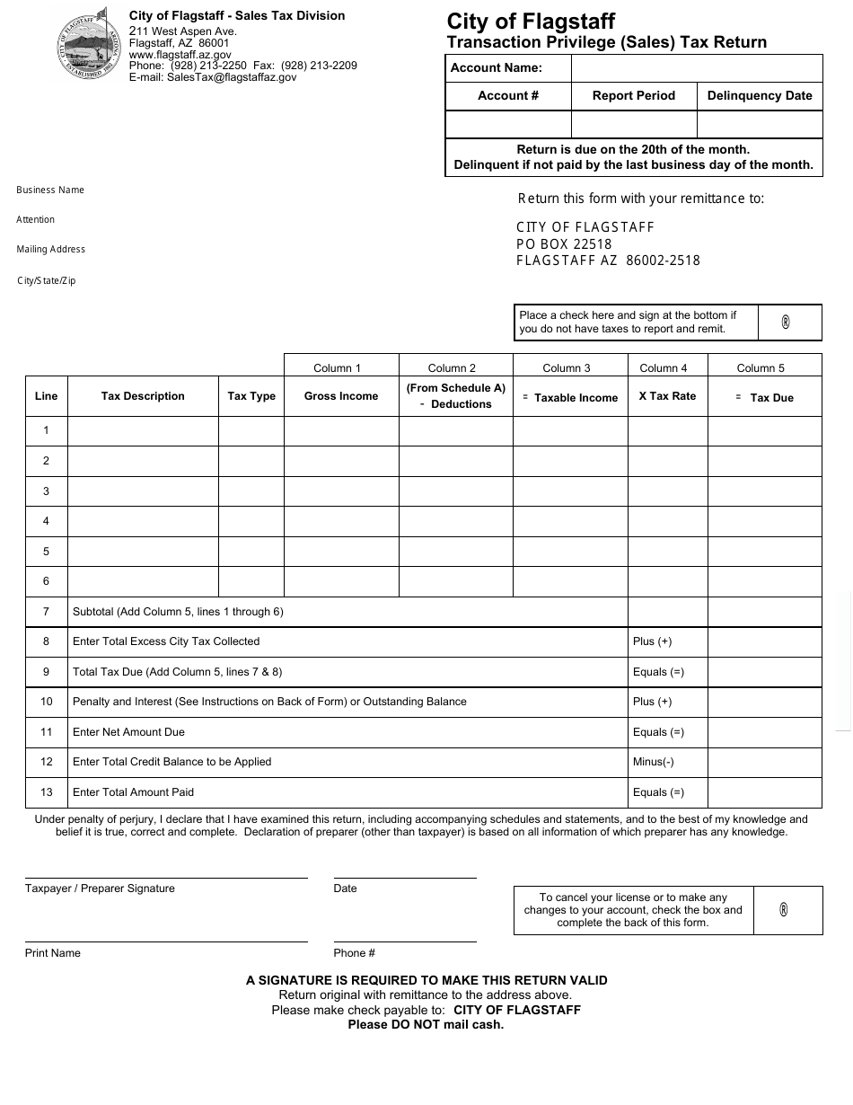 Transaction Privilege (Sales) Tax Return - City of Flagstaff, Arizona, Page 1