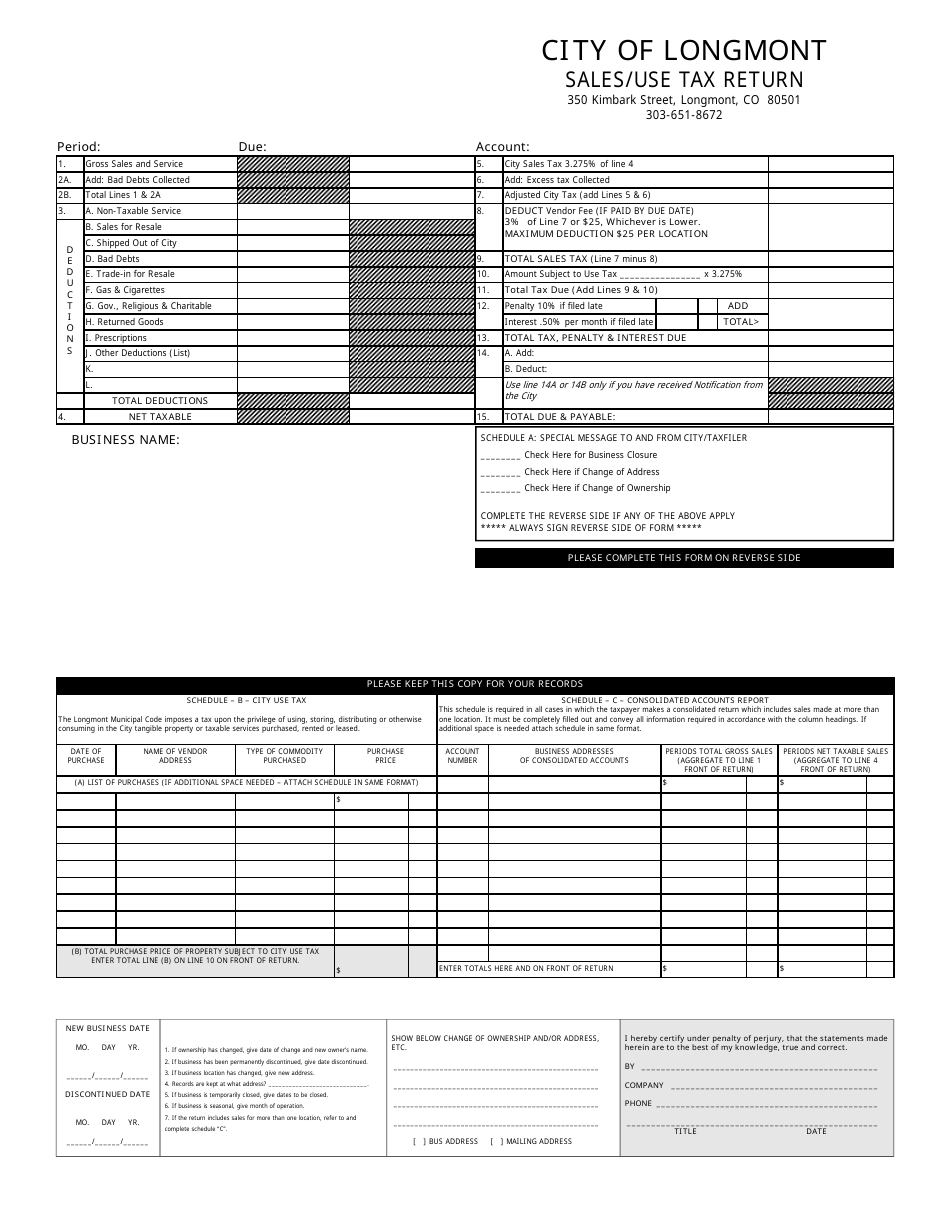 Sales / Use Tax Return Form - LONGMONT, Colorado, Page 1