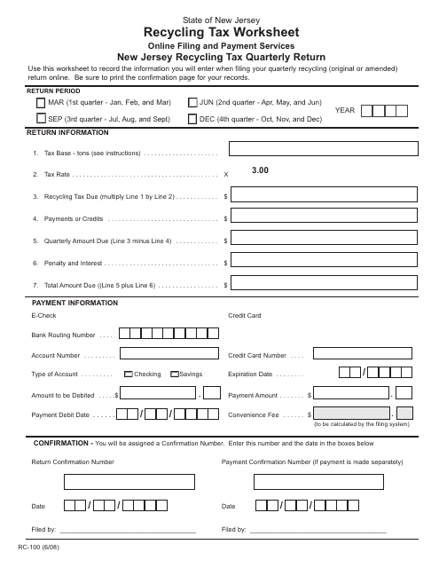 Form RC-100 New Jersey Recycling Tax Quarterly Return - New Jersey