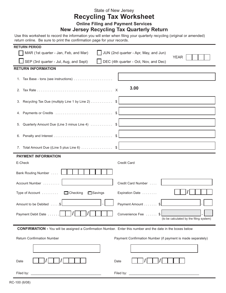 Form RC-100 New Jersey Recycling Tax Quarterly Return - New Jersey, Page 1