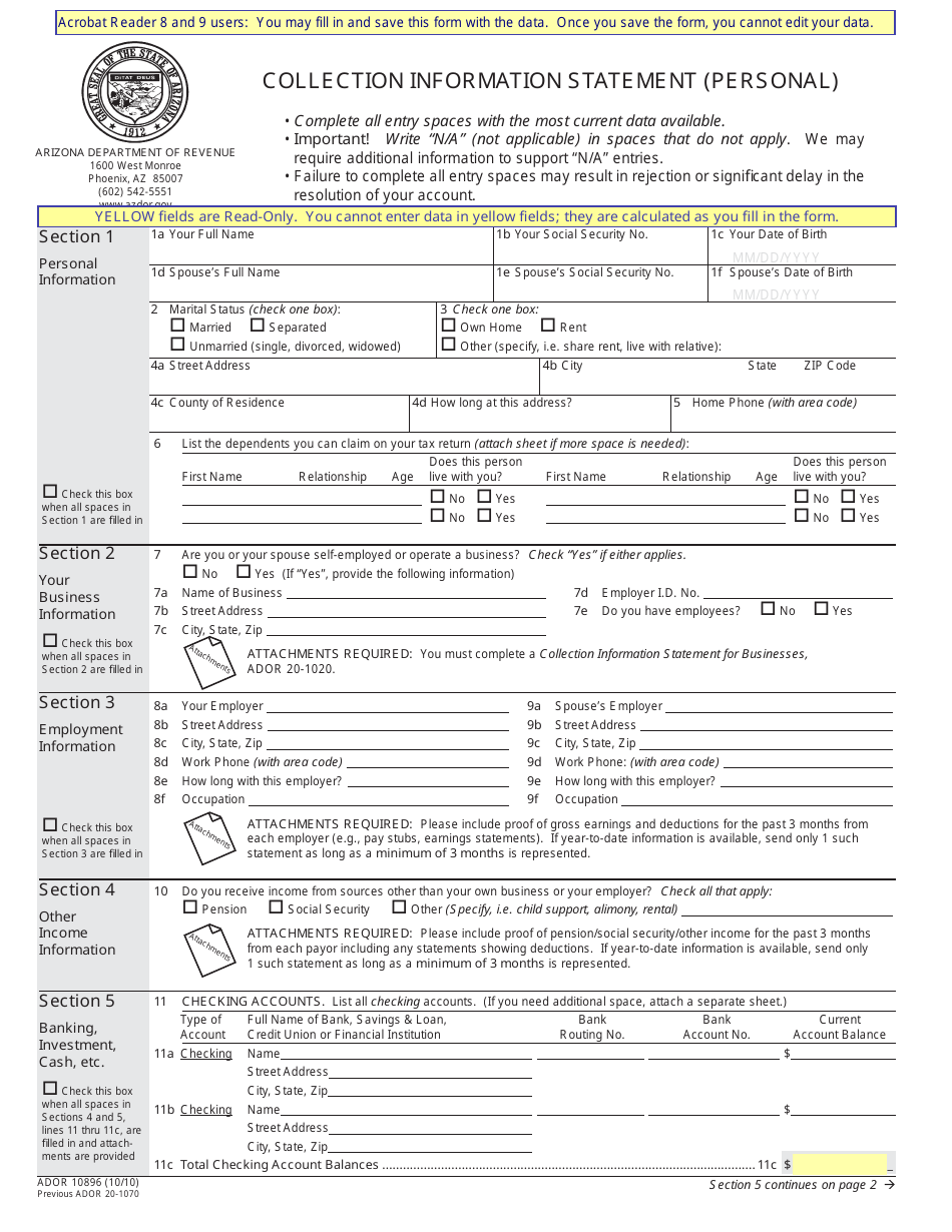 Form ADOR10896 Collection Information Statement (Personal) - Arizona, Page 1