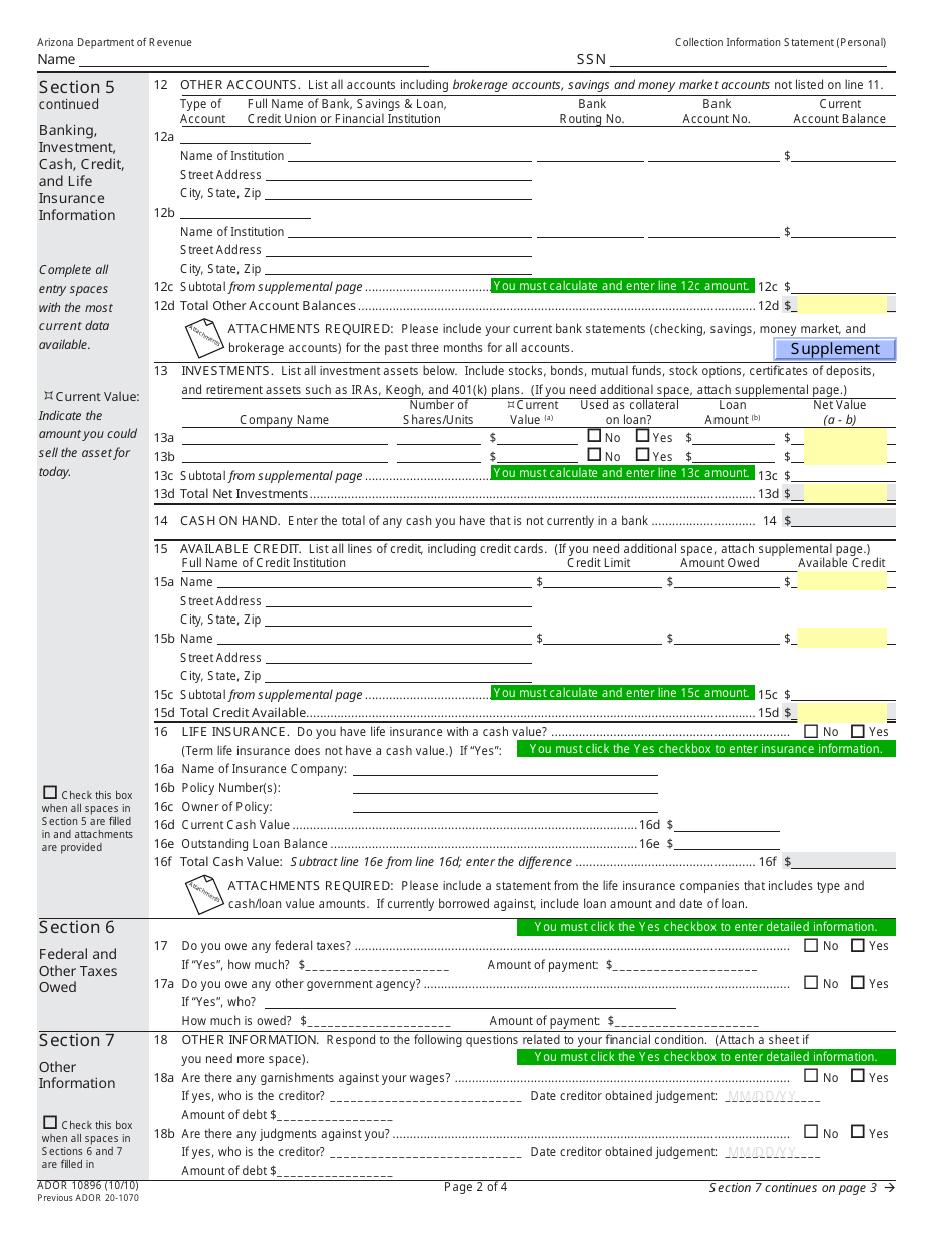 Form ADOR10896 Collection Information Statement (Personal) - Arizona, Page 2