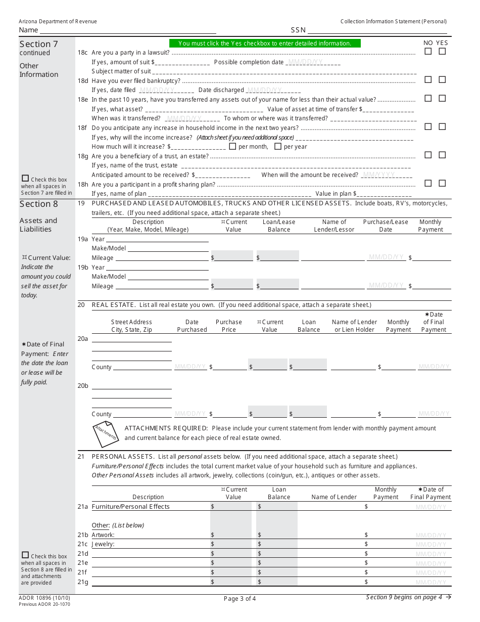 Form ADOR10896 Collection Information Statement (Personal) - Arizona, Page 3