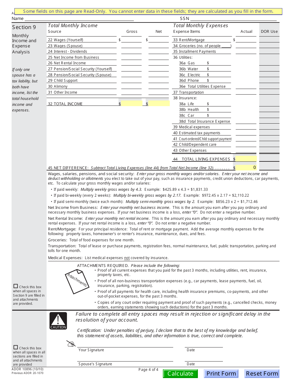 Form ADOR10896 Collection Information Statement (Personal) - Arizona, Page 4