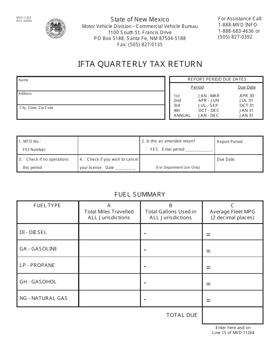 Form MVD-11263 Ifta Quarterly Tax Return - New Mexico, Page 1