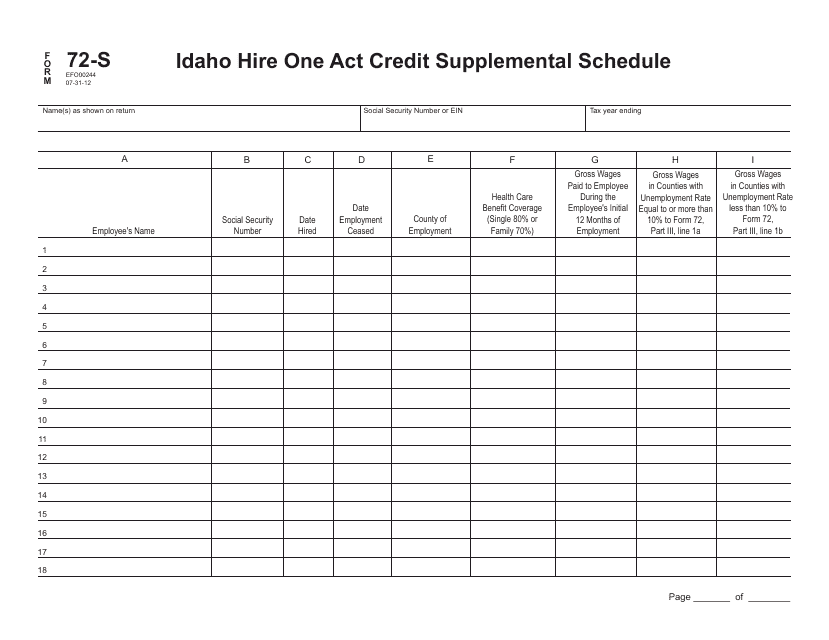 Form 72-S (EFO00244) Idaho Hire One Act Credit Supplemental Schedule - Idaho