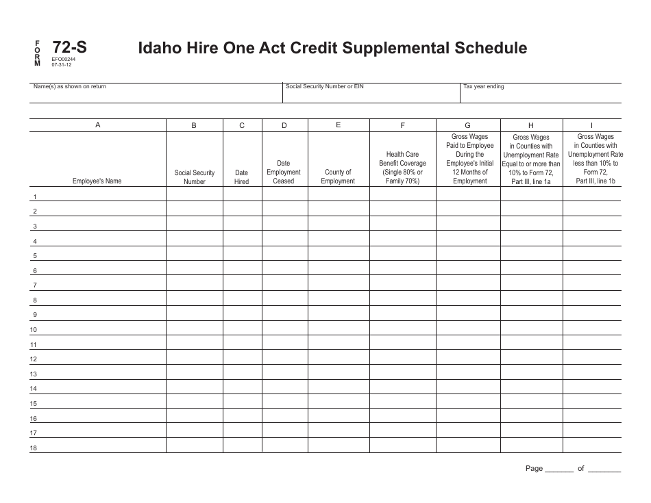 Form 72-S (EFO00244) Idaho Hire One Act Credit Supplemental Schedule - Idaho, Page 1