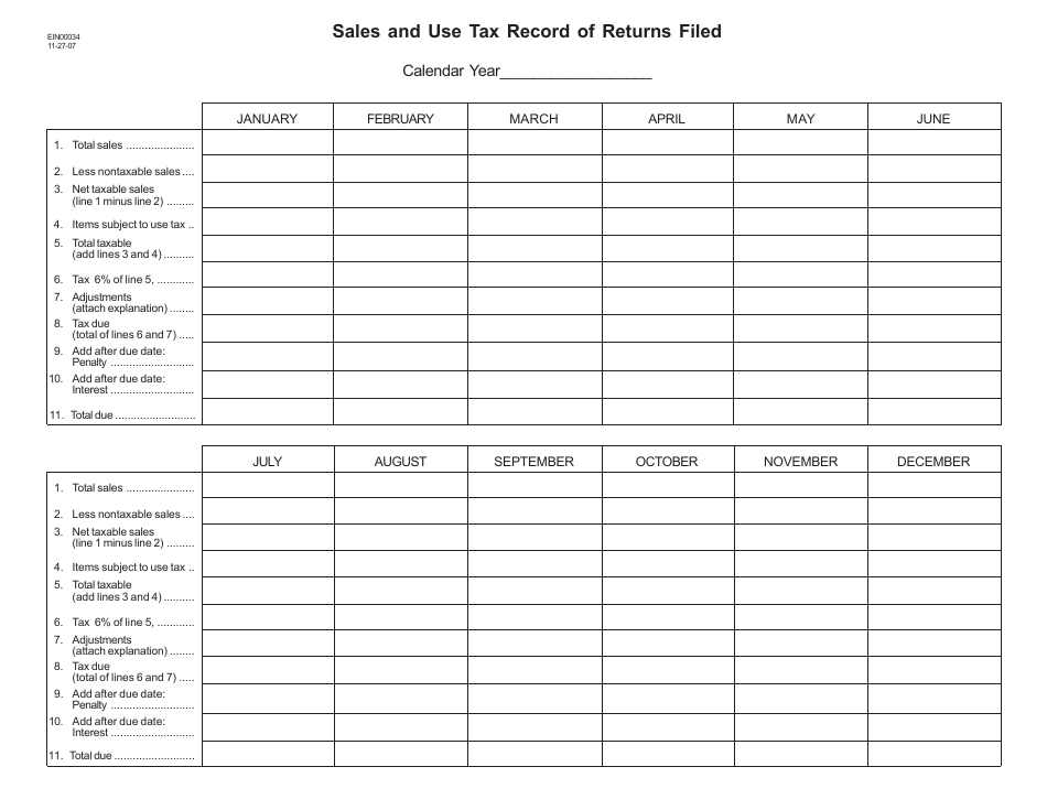 Form EIN00034 Sales and Use Tax Record of Returns Filed - Idaho, Page 1