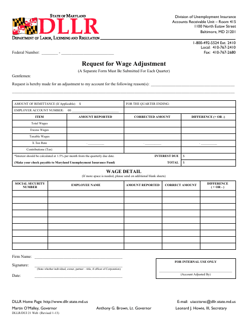 Form DLLR/DUI21 Web Request for Wage Adjustment - Maryland