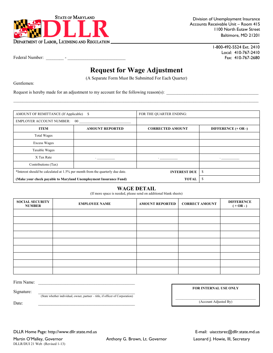 Form DLLR / DUI21 Web Request for Wage Adjustment - Maryland, Page 1