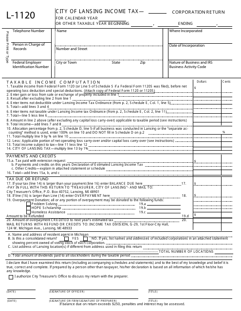Form L-1120 Income Tax Corporation Return - City of Lansing, Michigan