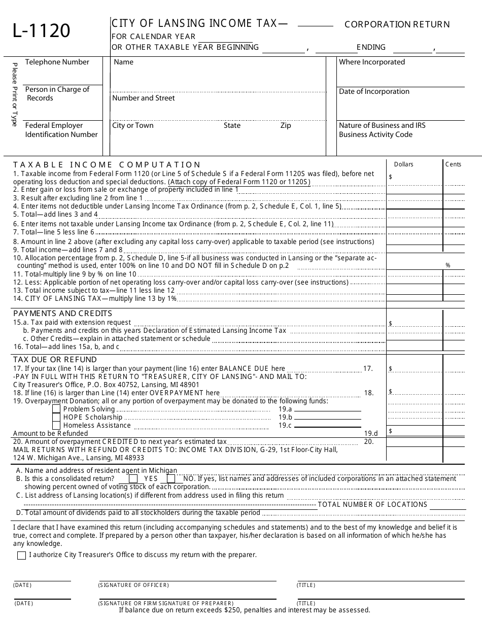 Form L-1120 Income Tax Corporation Return - City of Lansing, Michigan, Page 1