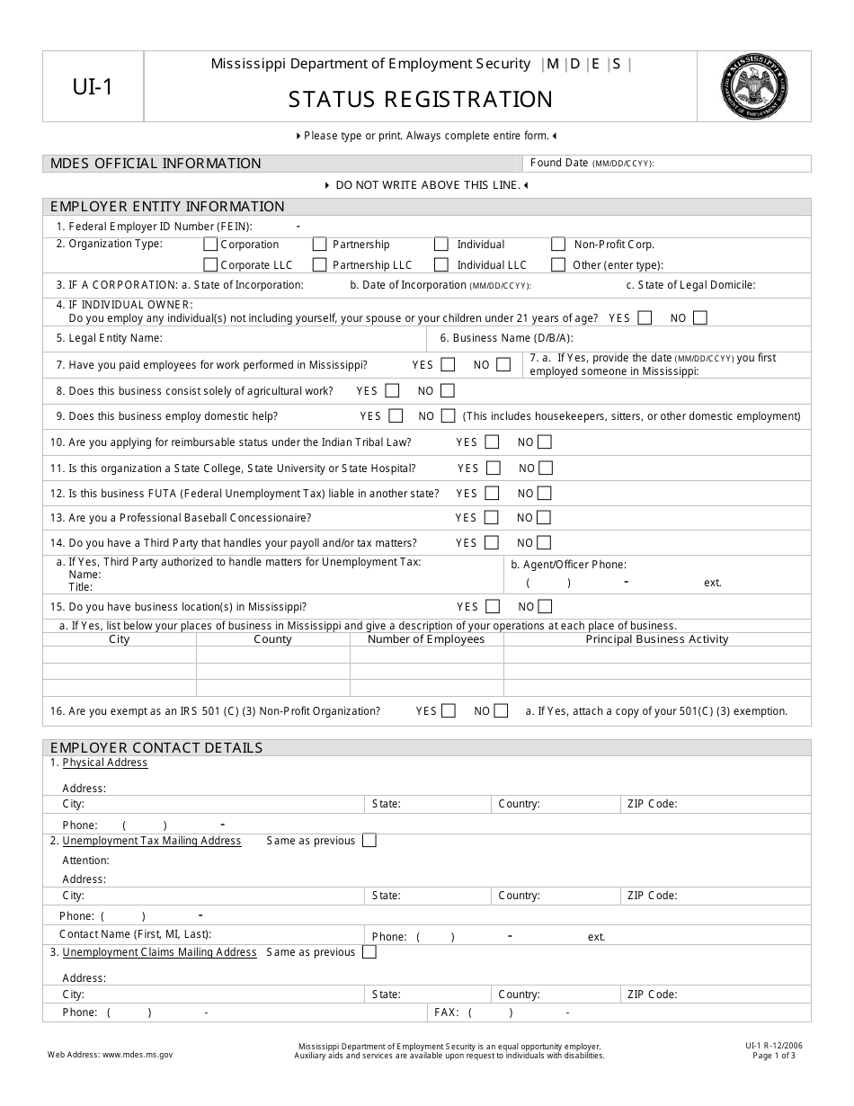 Form UI-1 Status Registration - Mississippi, Page 1