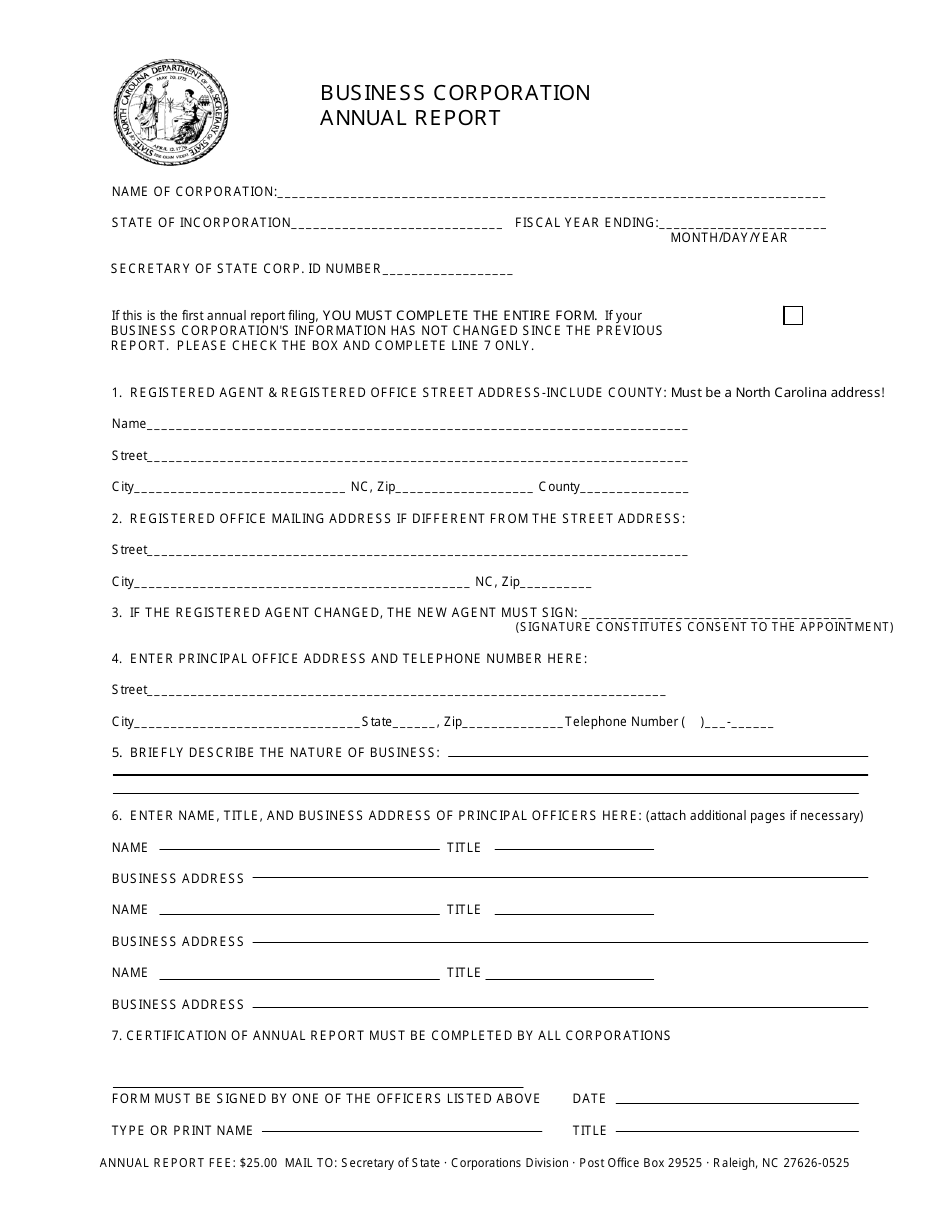 Business Corporation Annual Report Form - North Carolina, Page 1