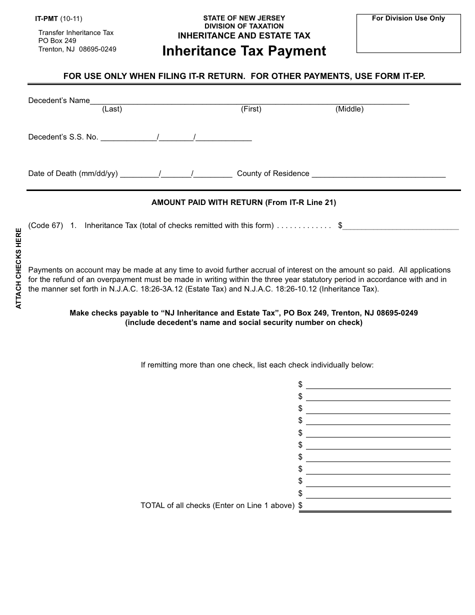 Form IT-PMT Inheritance Tax Payment - New Jersey, Page 1
