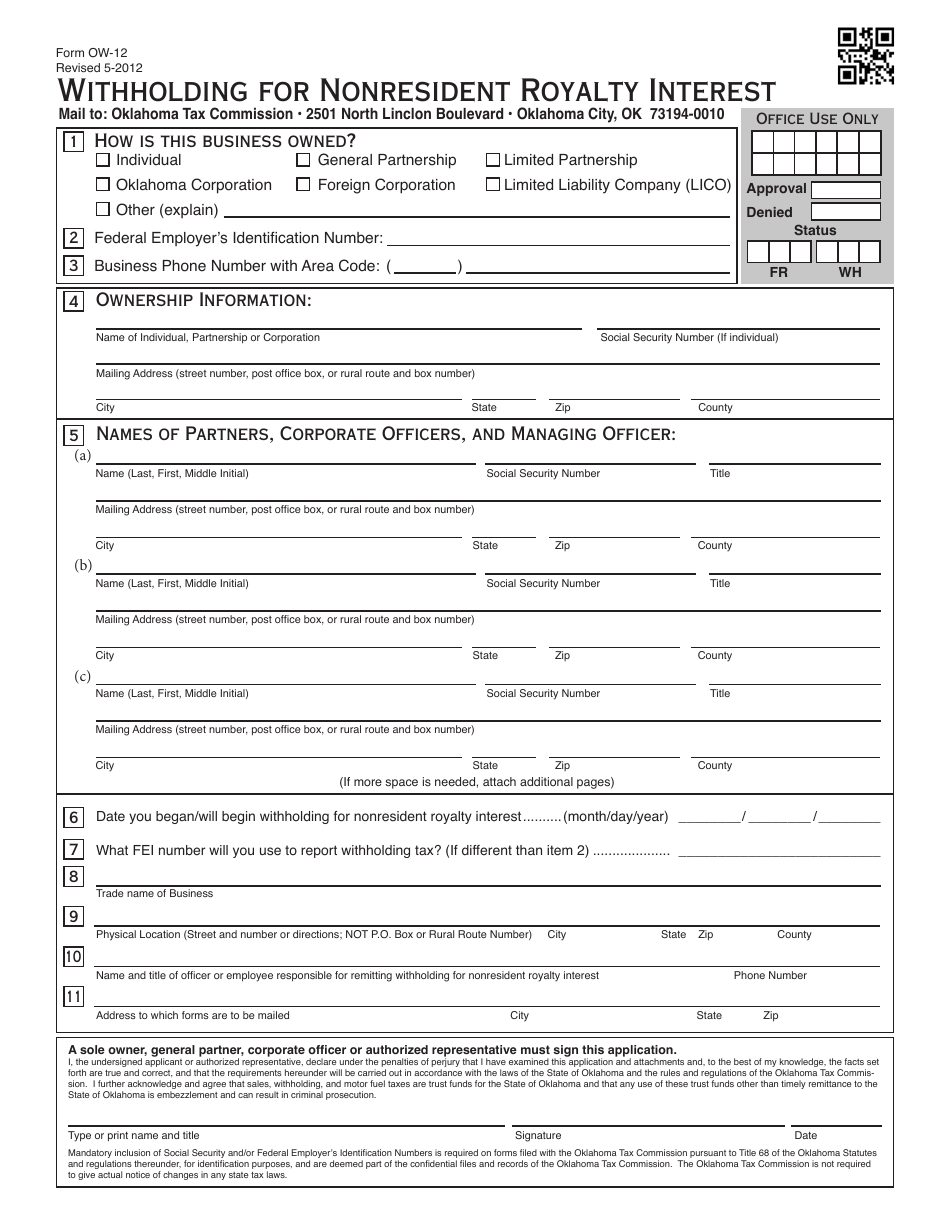 Form OW-12 Download Fillable PDF or Fill Online Withholding for ...
