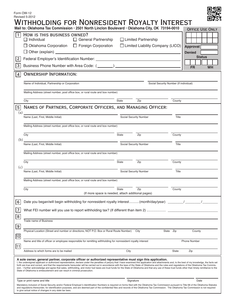 Form OW-12 Withholding for Nonresident Royalty Interest - Oklahoma, Page 1