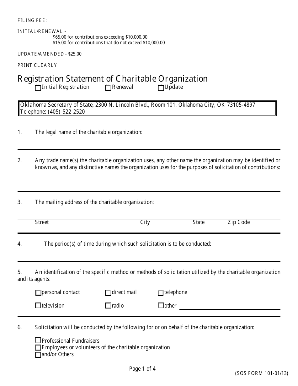 SOS Form 101 Registration Statement of Charitable Organization - Oklahoma, Page 1