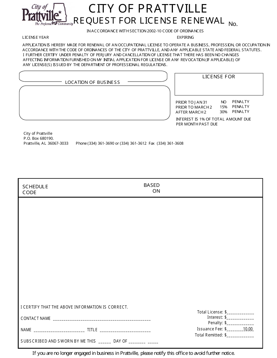 City of Prattville, Alabama Request Form for License Renewal - Fill Out ...