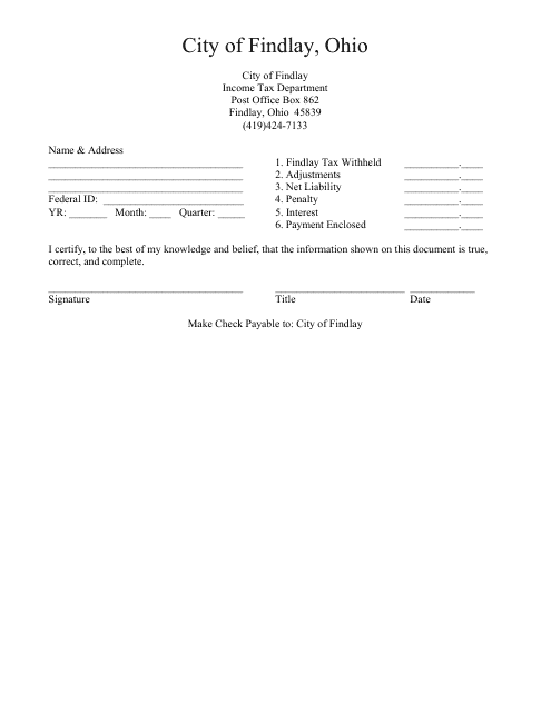 Tax Form - City of Findlay, Ohio Download Pdf