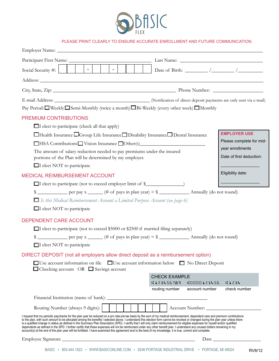Employee Direct Deposit Enrollment Form - Basic Flex, Page 1