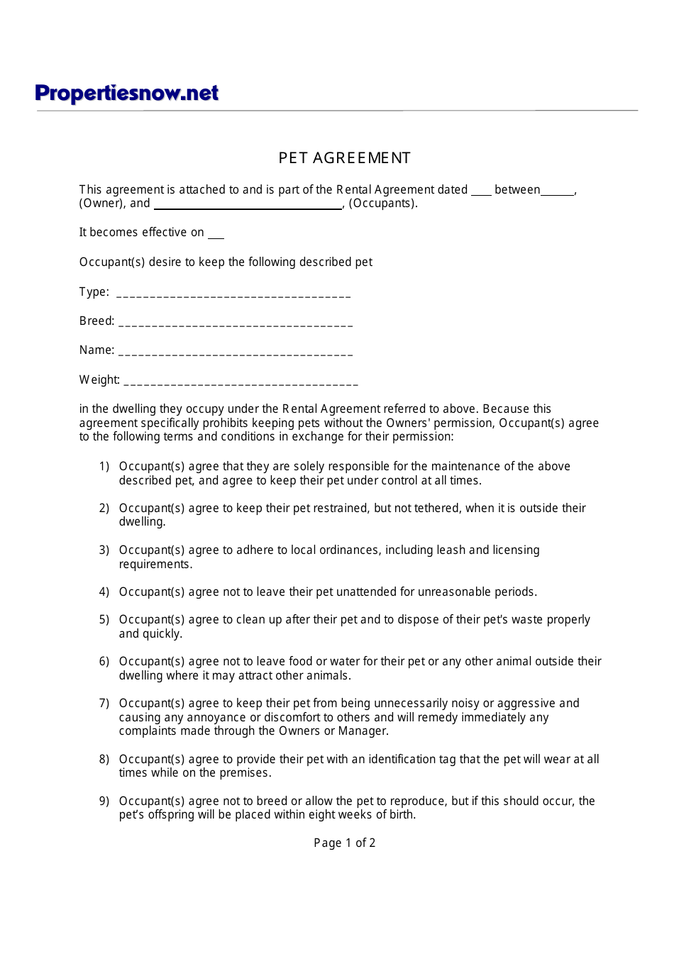 Pet Agreement Form - Seventeen Points, Page 1
