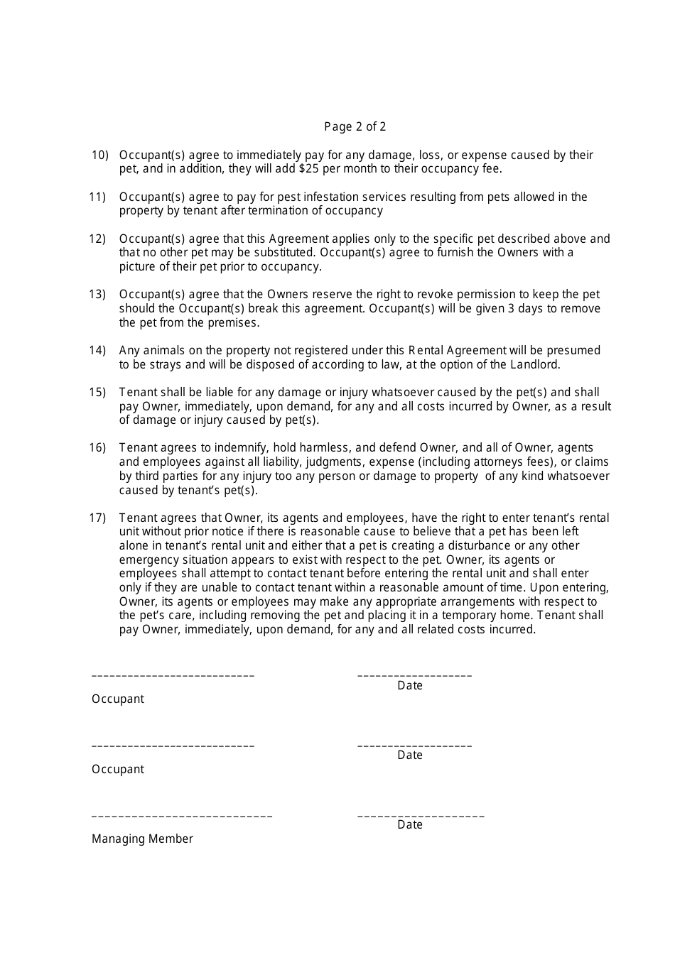 Pet Agreement Form - Seventeen Points, Page 2