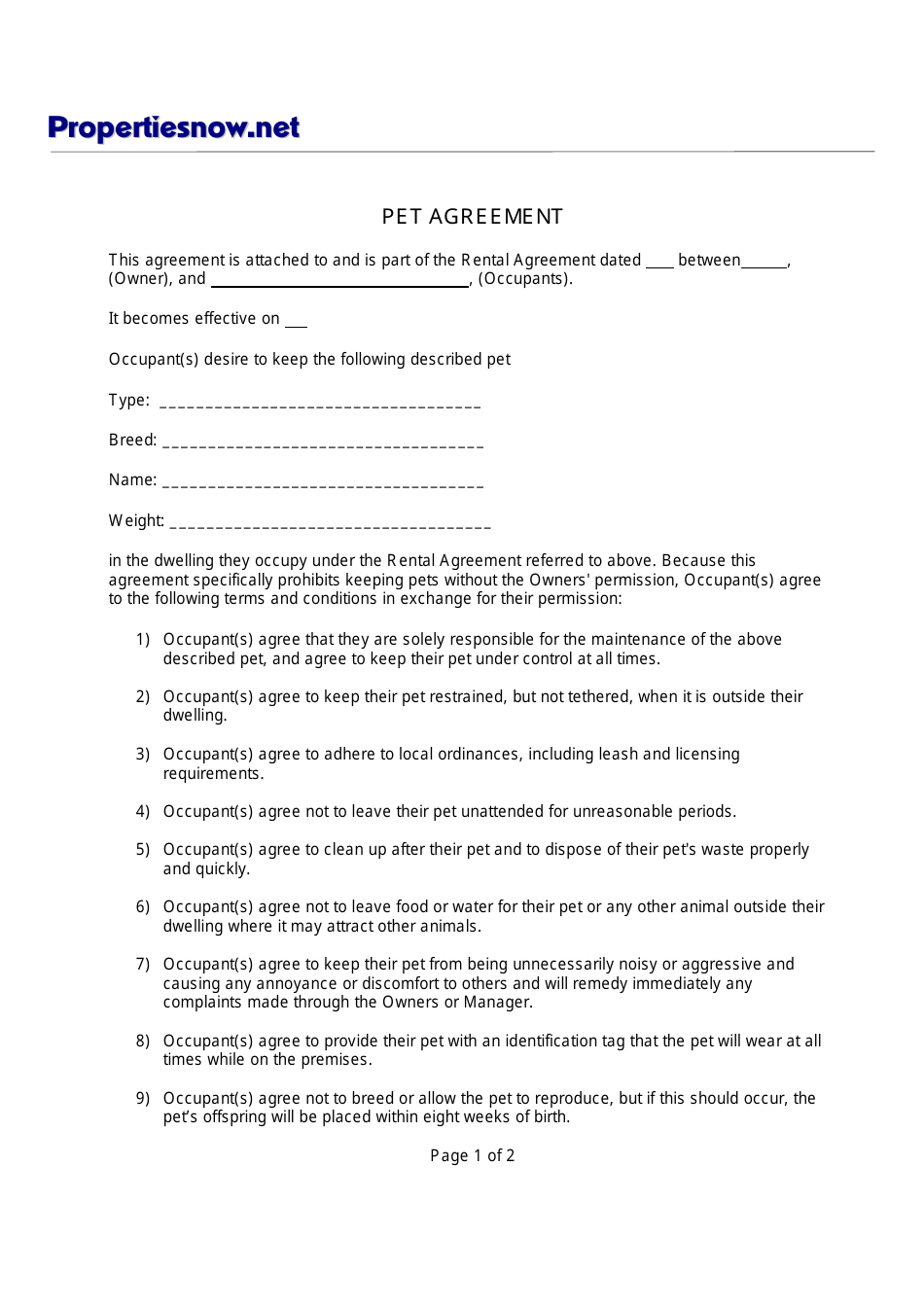 Pet Agreement Form Seventeen Points Fill Out Sign Online And Download PDF Templateroller