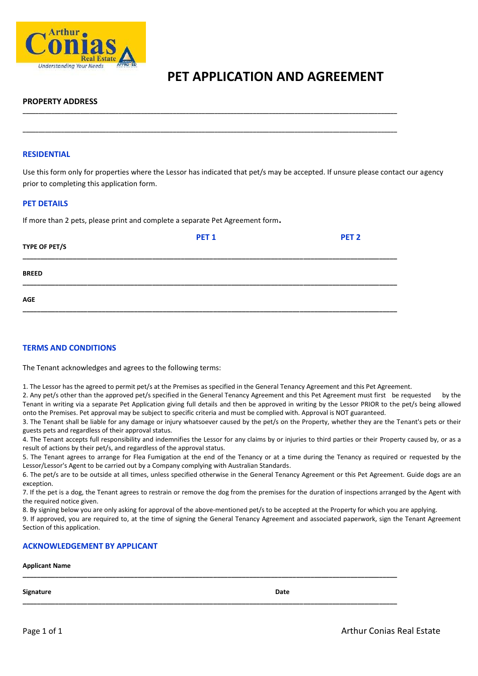 Pet Application and Agreement Form - Arthur Conias Real Estate - Australia, Page 1