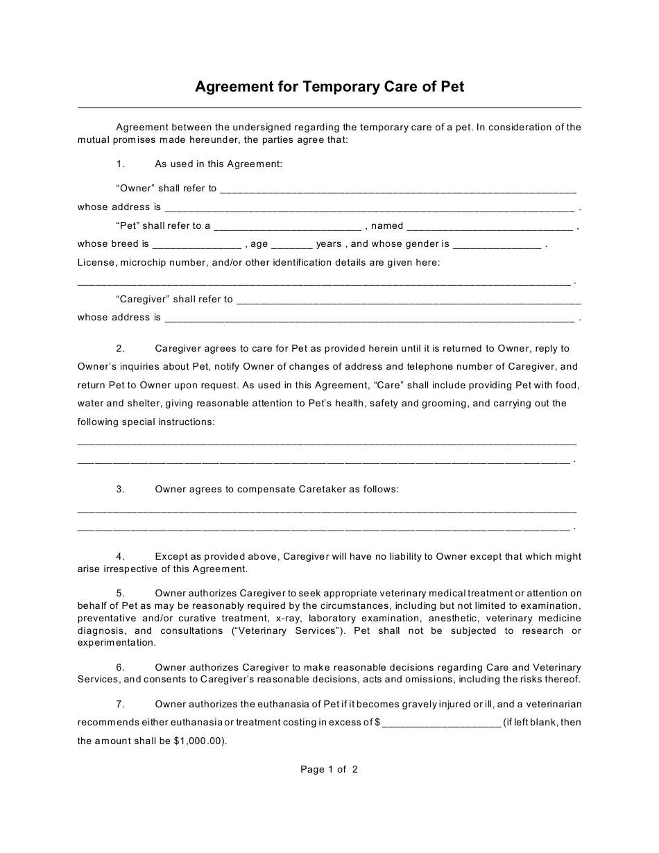 Temporary Pet Care Agreement Form, Page 1