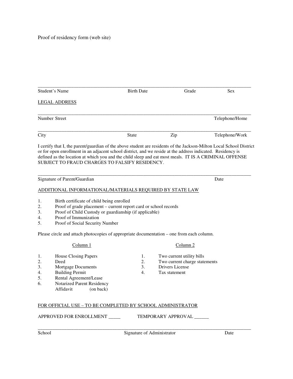 Proof of Residency Form (Web Site) - Jackson-Milton Local School District - Jackson County, Missouri, Page 1