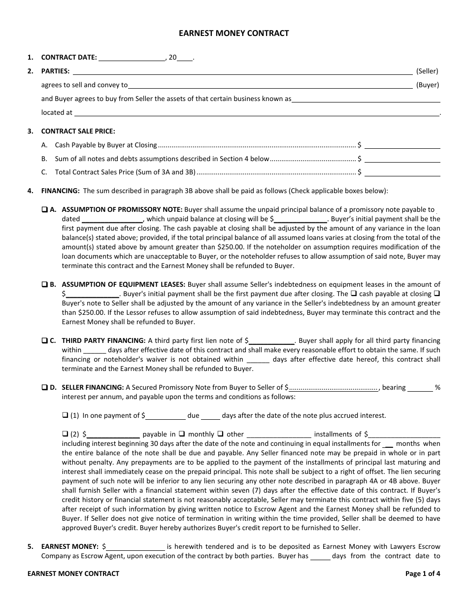 Earnest Money Contract Template, Page 1