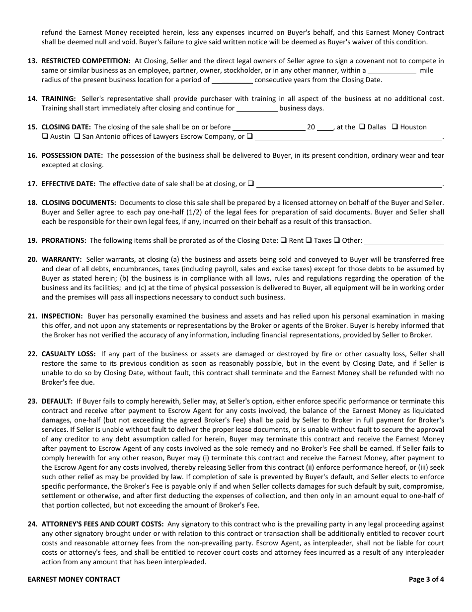Earnest Money Contract Template Download Printable PDF Templateroller