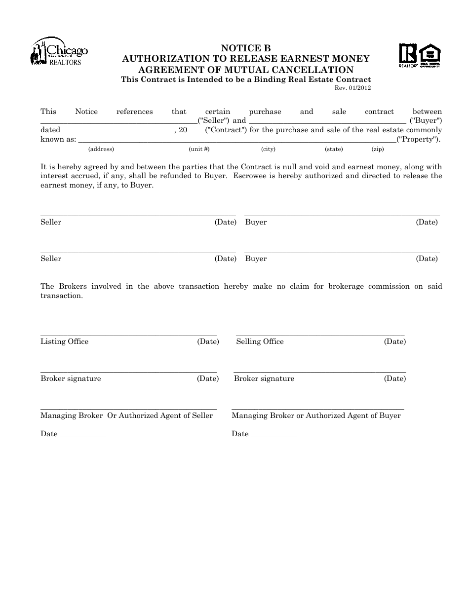 Authorization to Release Earnest Money Agreement of Mutual Cancellation Form - Chicago Association of Realtors - Illinois, Page 1