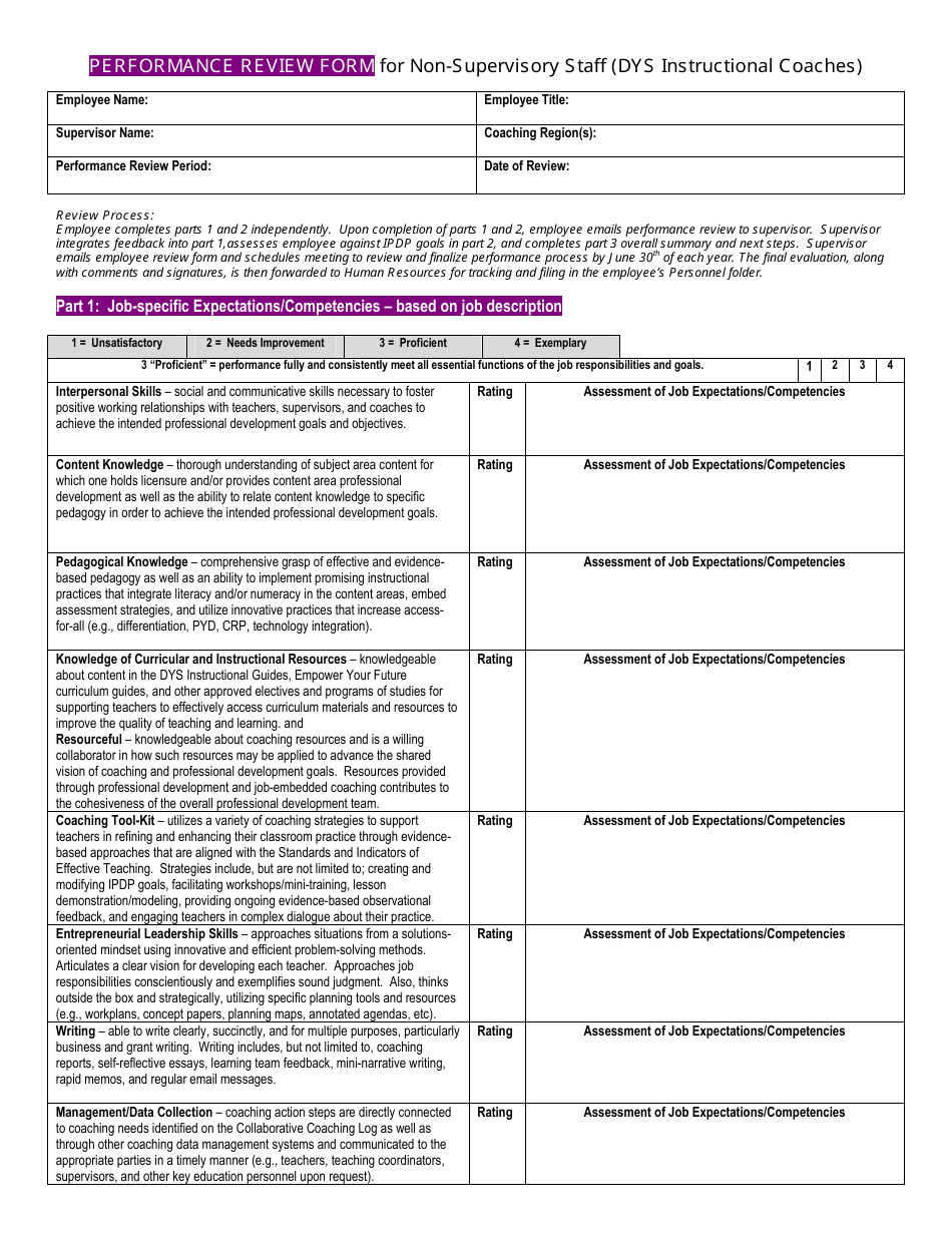 Performance Review Form for Non-supervisory Staff (Dys Instructional Coaches) - Ohio, Page 1