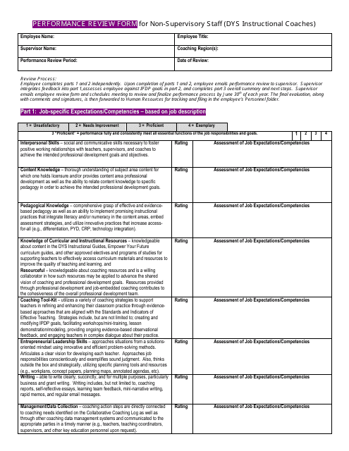 "Performance Review Form for Non-supervisory Staff (Dys Instructional Coaches)" - Ohio Download Pdf