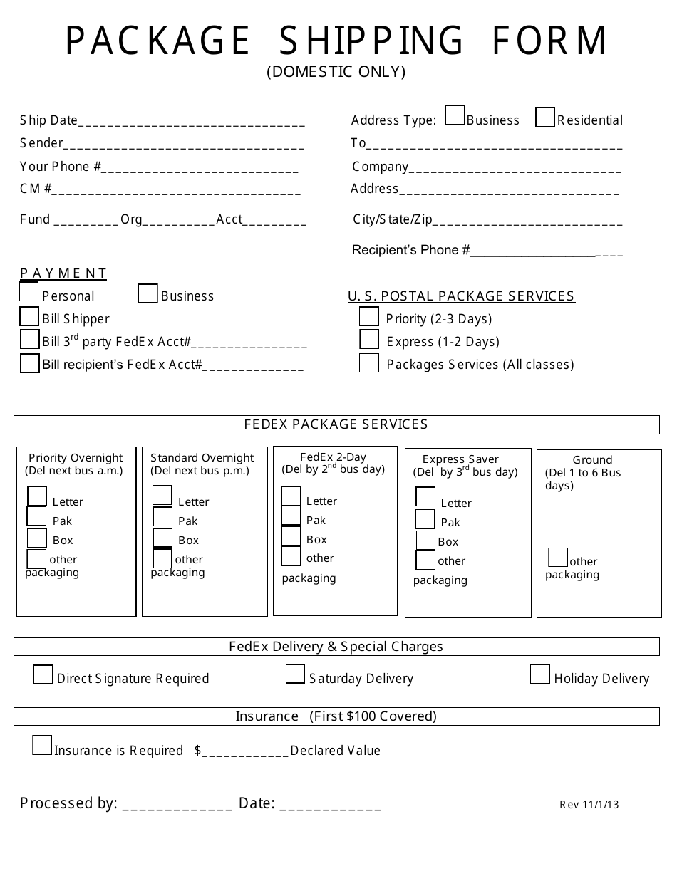 Package Shipping Form - Fedex, Page 1