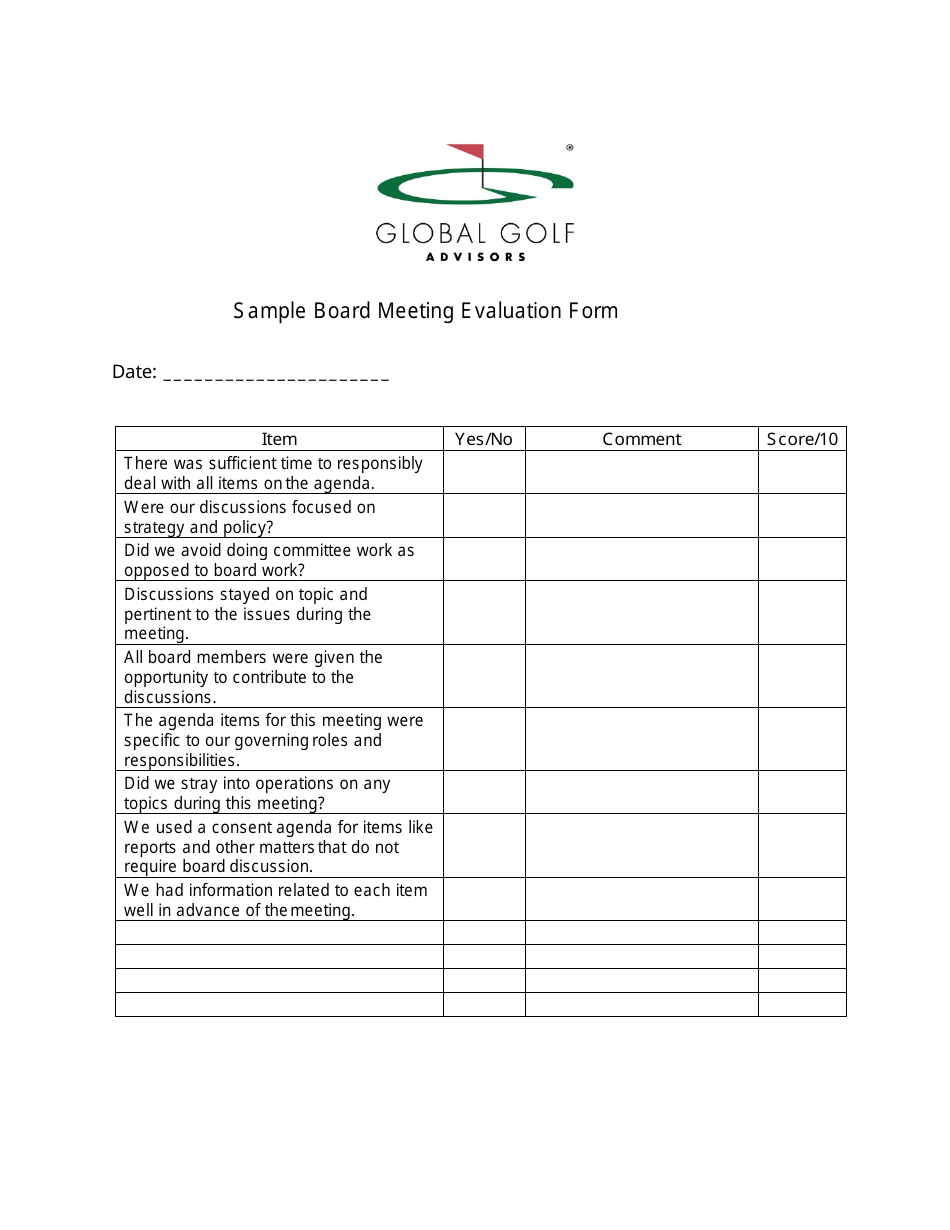 Sample Board Meeting Evaluation Form - Global Golf Advisors, Page 1