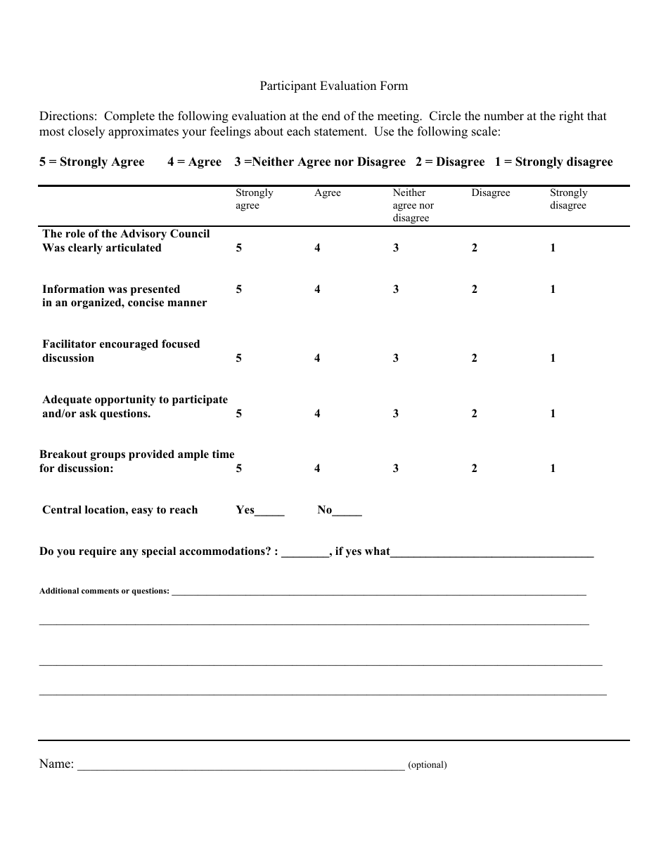 Participant Evaluation Form, Page 1