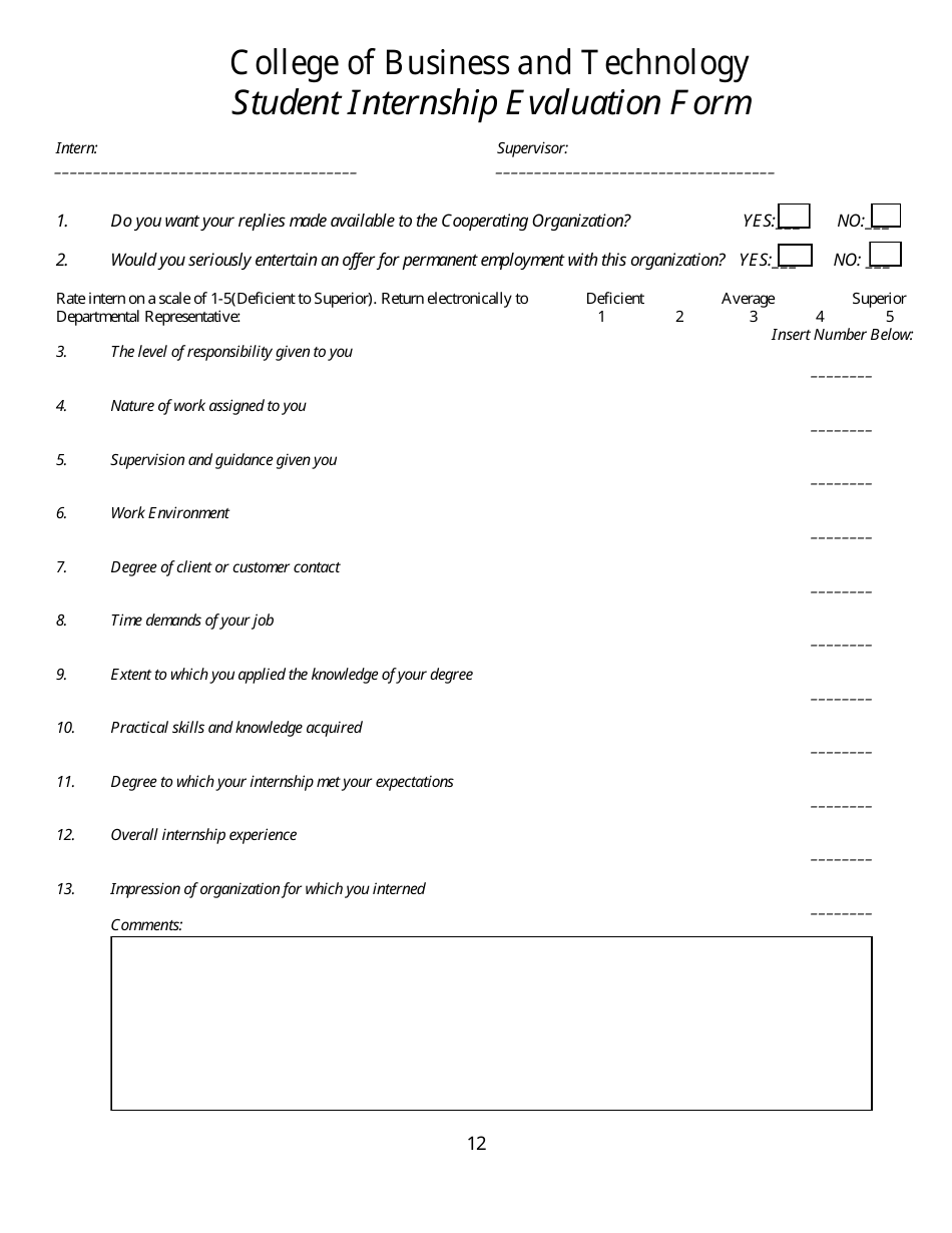 Student Internship Evaluation Form - College of Business and Technology, Page 1