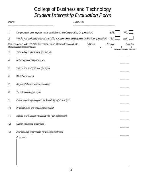 &quot;Student Internship Evaluation Form - College of Business and Technology&quot; Download Pdf