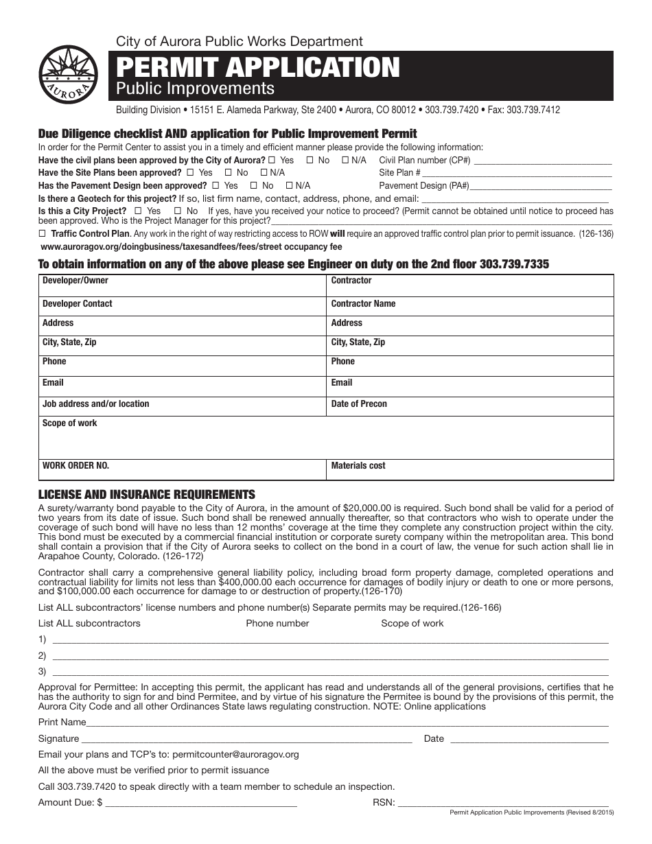 Permit Application Form - City of Aurora, Colorado, Page 1