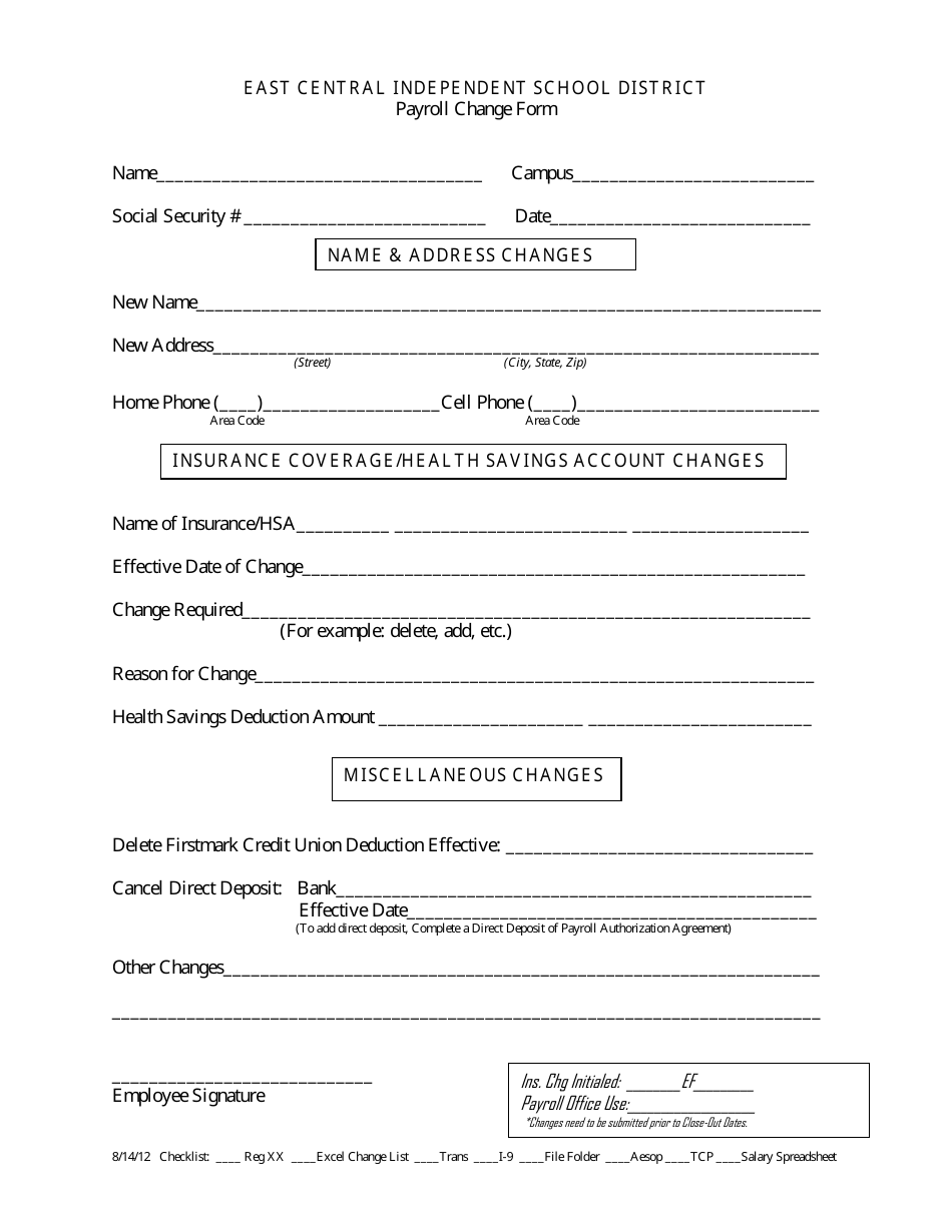 Payroll Change Form - East Central Independent School District - Texas, Page 1