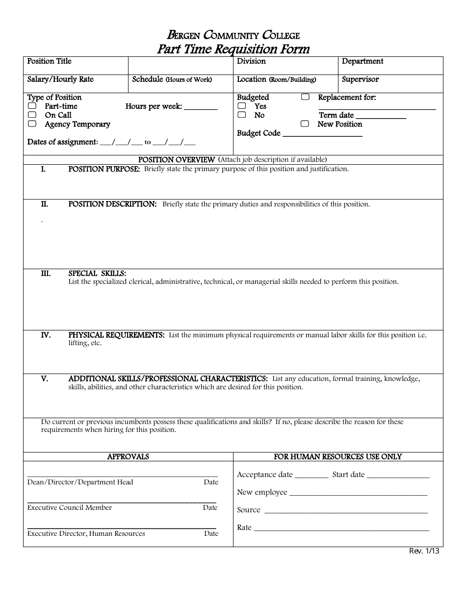 Part Time Requisition Form - Bergen Community College, Page 1