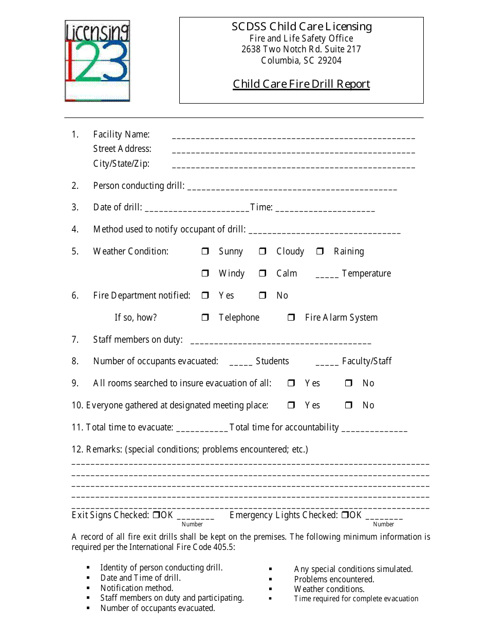 Child Care Fire Drill Report Template - Scdss Child Care Licensing With Fire Evacuation Drill Report Template
