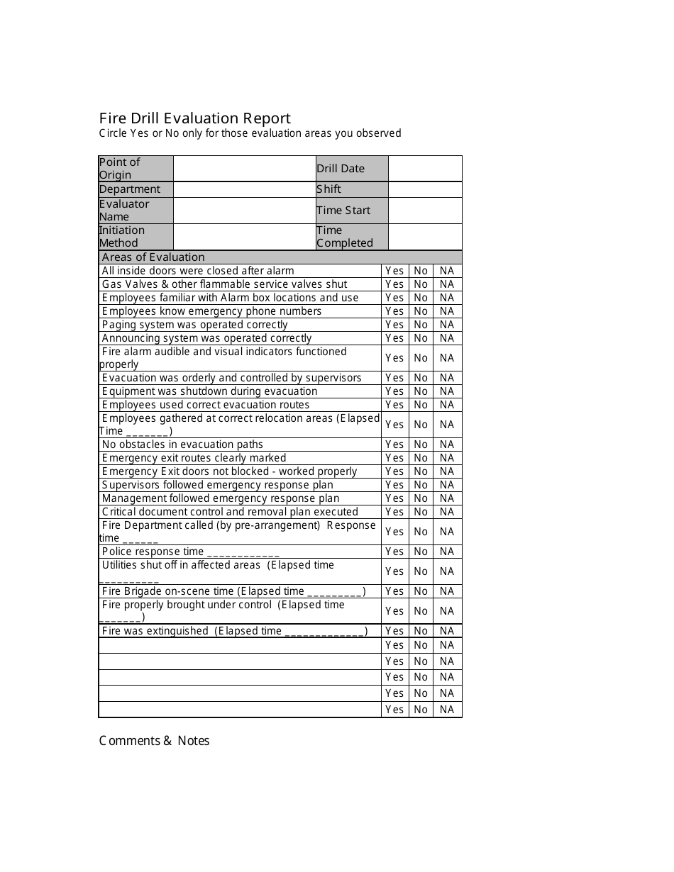 Fire Drill Evaluation Report Template, Page 1