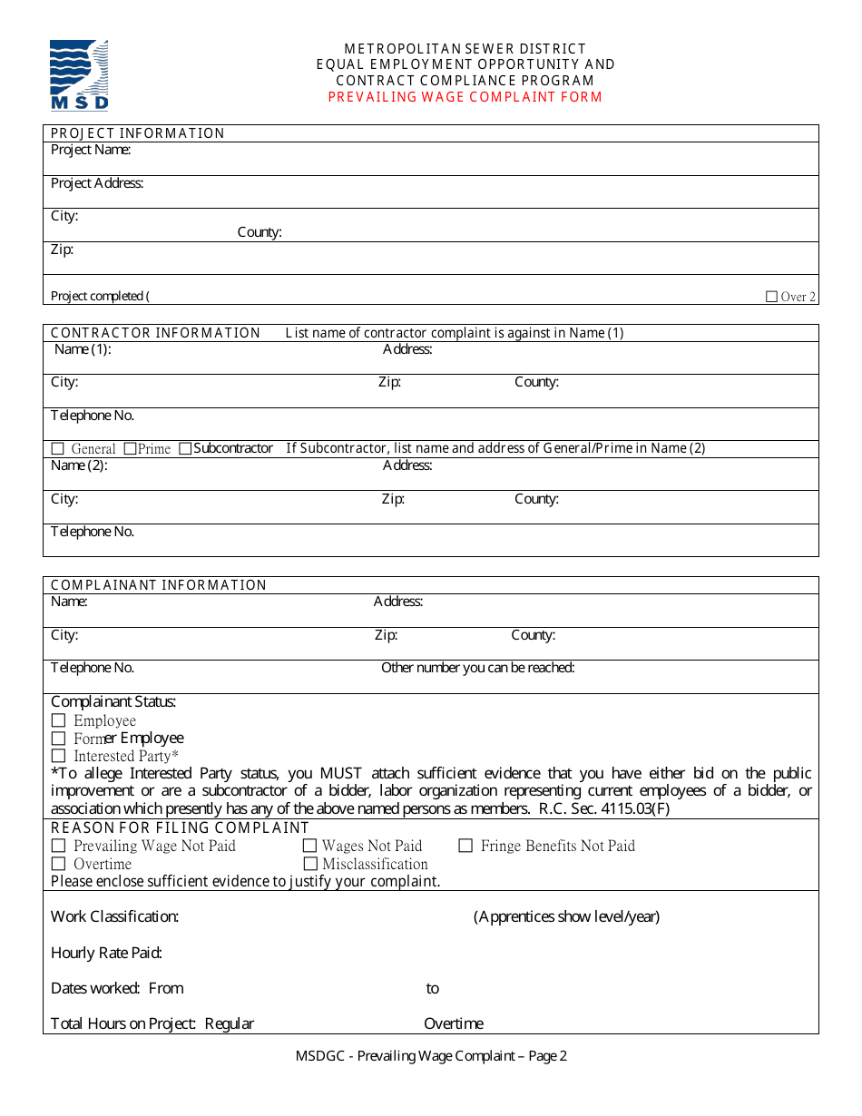 Prevailing Wage Complaint Form - Metropolitan Sewer District of Greater Cincinnati, Ohio, Page 2