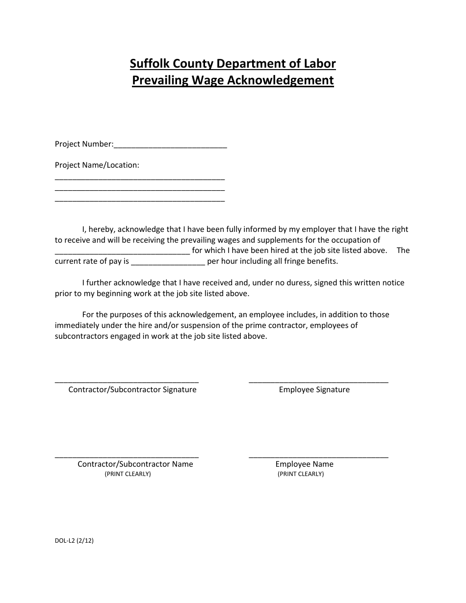 Form DOL-L2 Prevailing Wage Acknowledgement Form - Suffolk County, New York, Page 1